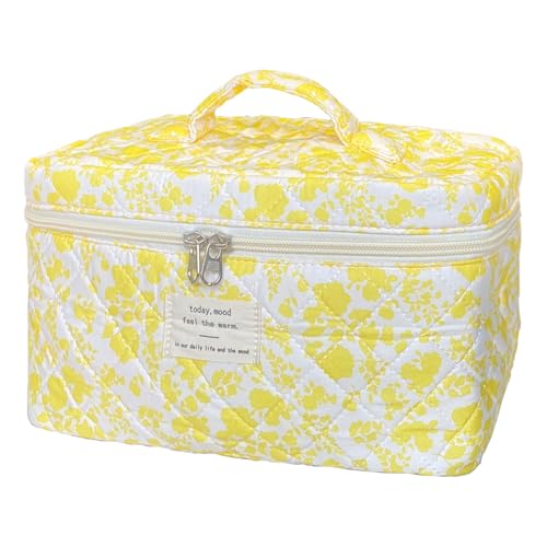 Yellow Large Quilted Floral Makeup Bag Cute Soft Coquette Aesthetic Cosmetic Bag Cotton Travel Toiletry Bag for Women - color: A-Yellow