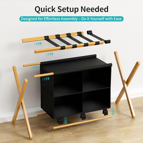 Natural Bamboo Luggage Rack with 4 Storage Compartments ，Foldable Suitcase Stand, Luggage Rack for Guest Room , 150lbs Capacity, Sturdy, - color: Natural 1 Pcs