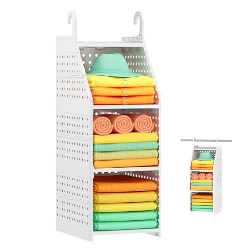 Honkazita 3-Tier Foldable Hanging Closet Organizer, Free-Standing | Closet Hanging Organizer for Wardrobe, Laundry Room, Plastic Hanging Closet Shelves for Clothes, Handbags, Accessories (White)