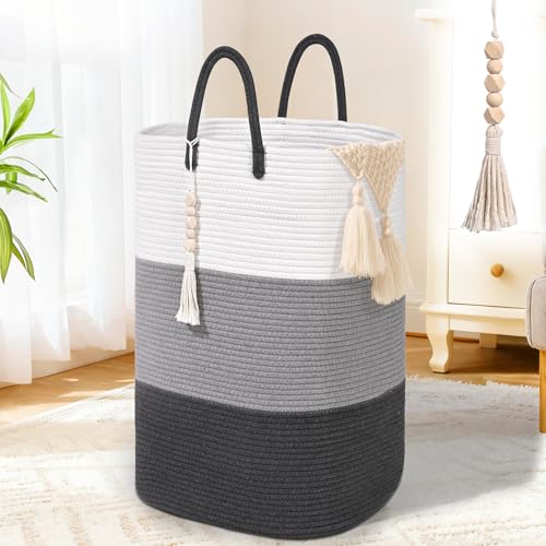 Woven Laundry Basket for Clothes,100 L Large Rectangle Laundry Hampers with Beads Tassel, Nursery Storage Basket for Toys, Tall Dirty Clothes Hamper for Bedroom Aesthetic, Laundry Room Organization - color: Gradient Gray, size: 100L