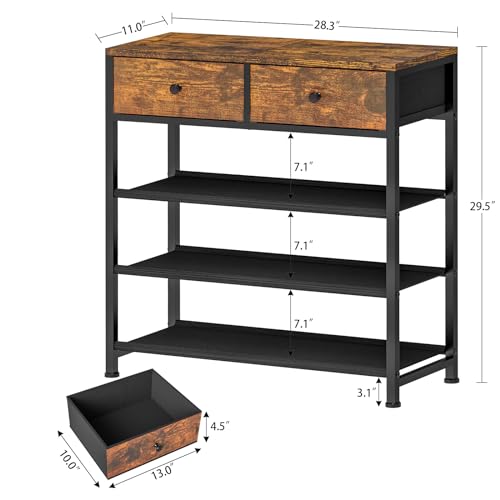 usikey Shoe Rack, 4 Tier Shoe Storage Organizer with 2 Drawers, Metal Shoe Shelf for 9-12 Pairs of Shoes, with 3 Oxford Fabric Shelves and Wooden Top, Shoe Stand for Entryway, Rustic Brown UNYXJX012F - color: 4 Tier ( 28.3 X 11 X 29.5 Inches)-rustic Brown