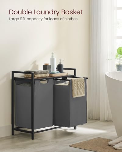 VASAGLE Laundry Hamper, Laundry Basket, Laundry Sorter with 2 Pull-Out and Removable Bags, Shelf, Metal Frame, 2 x 12.1 Gallons (46 L), 28.8 x 13 x 28.4 Inches, Slate Gray and Rustic Brown UBLH201G01 - color: Slate Gray + Rustic Brown, size: 2 Bags - 92 L
