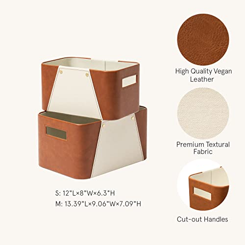 LA JOLIE MUSE Storage Baskets for Organizing, 2 Pack, Storage Cube Boxes Luxury Brown Vegan Leather and Beige Greige Fabric for Closet Shelf Cabinet Bookcase - color: Brown