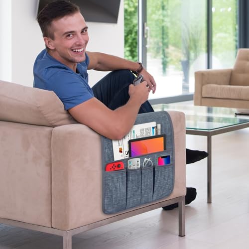 Couch Armrest Remote Control Holder, Couch Caddy Gifts for Seniors Bed Caddy Tv Remote Holder with 5 Pockets for Key Glasses Phone Magazine Holders - color: Grayish Blue