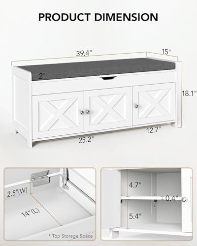 Pipishell 2-Tier Shoe Storage Bench, Entryway Bench with 3 Barn Doors, Cushion Seat, Hidden Storage, Adjustable Shelf, 200 lbs Capacity, for Entryway, Living Room, Bedroom, White (39.4″Wx15″Dx18.1″H) - color: White