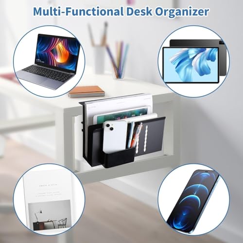 2 Tier Desk Side Storage, Desk Laptop Holder with Magnetic Pen Holder, No Drill Hanging Table Organizer for Office and Home Fits Flat Edge 0.3" to 2.3" - color: Black 2 Tier