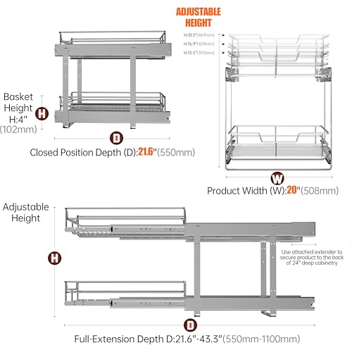 JOWBOOW 2-Tier Cabinet Pull Out Shelves (20" W x 22" D), Slide Out Shelves for Kitchen Cabinets, Metal Pots and Pans Organizer for Under Cabinet - size: 20 x 22 Inch
