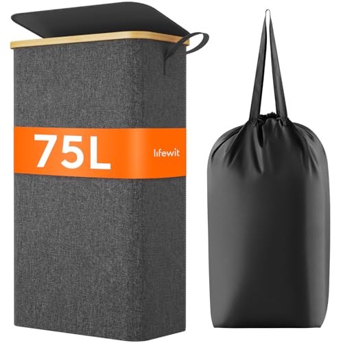 Lifewit 75L Slim Laundry Hamper with Lid, Narrow Laundry Basket with Removable Bag & Bamboo Handles, Fodable Thin Dirty Clothes Hamper for Laundry Collapsible Bin for Bathroom Bedroom Dorm, Dark Gray - color: Dark Gray, size: 75L