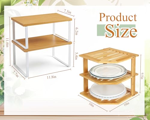 Nuanchu 3 Pcs Cabinet Organizer Shelf Bamboo Corner Rack for Kitchen Counter and Kitchen Counter Shelves for Storage Plates Dishes Bowls Bread Spice Rack Stackable Expandable