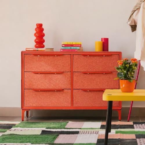 tinge Naima Premium 6 Drawer Fabric Dresser - Heavy Duty Metal Frame with Sag-Proof Storage Drawers for Clothes - Durable Orange Bedroom Chest & Sleek Metal Handles - color: Golden Hour (Orange), size: 14"D x 39.5"W x 28"H (6 Drawers)