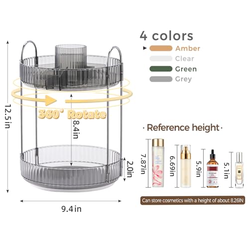 360° Rotating Makeup Organizer, Upgraded 2 Tier Skincare Perfume Organizers for Women, Bathroom Organizer Countertop, Clear Cosmetic Dresser Organizer with Makeup Brush Holder, Sink&Counter(Grey) - color: Grey, size: 2 Tier