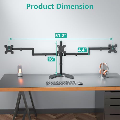 WALI Triple Monitor Stand, Free Standing Three LCD Monitor Fully Adjustable Desk Mount Fits 3 Screens up to 27 inch, 22 lbs Weight Capacity per Arm (MF003), Black - size: Triple, style: Free-Standing