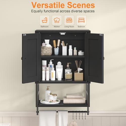 Farmhouse Medicine Cabinet - 3-Tier Wall Mounted Storage Organizer with Adjustable Shelves, Towel Bar, 5 Hooks for Small Bathroom, Laundry Room, Over Toilet, Living Room, Bedroom, Black - color: Black, size: 15.79 inches x 7.87 inches x 24.4 inches