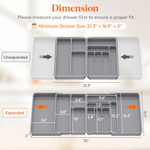 Lifewit Utensil Organizer for Kitchen Drawer, Expandable Cooking Silverware Tray, Adjustable Cutlery Flatware Holder, Plastic Spatula Tools Storage Divider, 21.3- 36 x 16.9", Gray - color: Gray, size: XXXL (21.3-36“W × 16.9"D)
