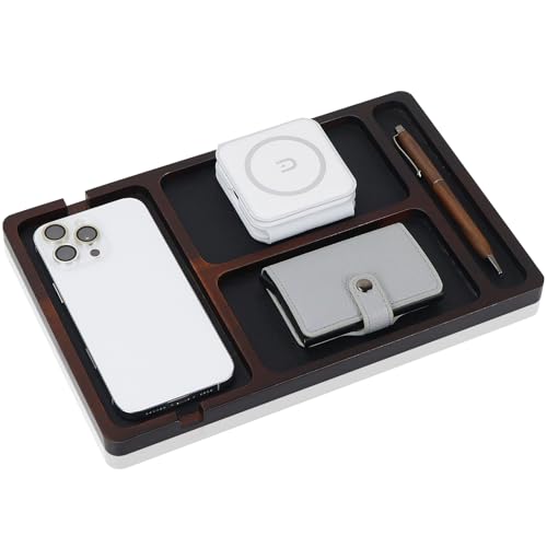 MultiBey Acacia Wood Valet Tray with Leather Inlay | Mens Valet Tray & Desk Organizer | Elegant EDC Catchall Trays for Phone, Wallet, Keys, Watch, Jewelry - color: Acacia - Leather & Cable Slot