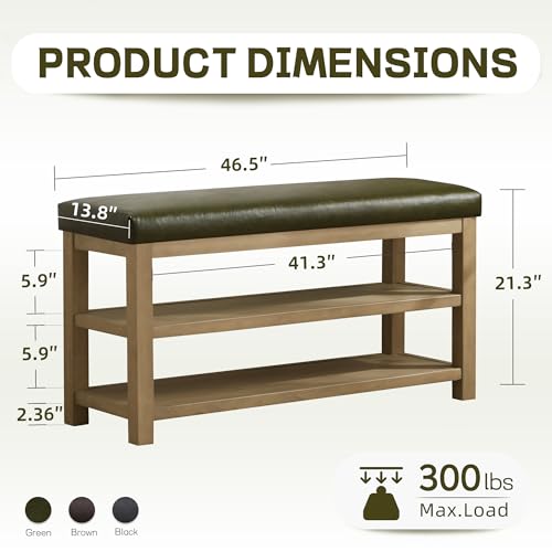 Zihanhome Shoe Rack Bench with Leather Cushion, 2 Tier Solid Wood Storage Bench, Mid-Century Modern Shoe Bench for Entryway, Hallway, Closet, Front Door Entrance, Foyer (Green, 46.5) - color: Green, size: 46.5"