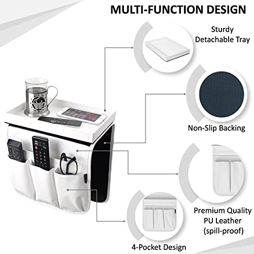 Anti Slip Armchair Caddy w/Detachable Wooden Snack Tray PU Leather Armrest Cup Holder Couch Arm for Recliner w/ 1 Big Pocket, 3 Small Pockets, Remote Control (White), 10.5Wx30L - color: White