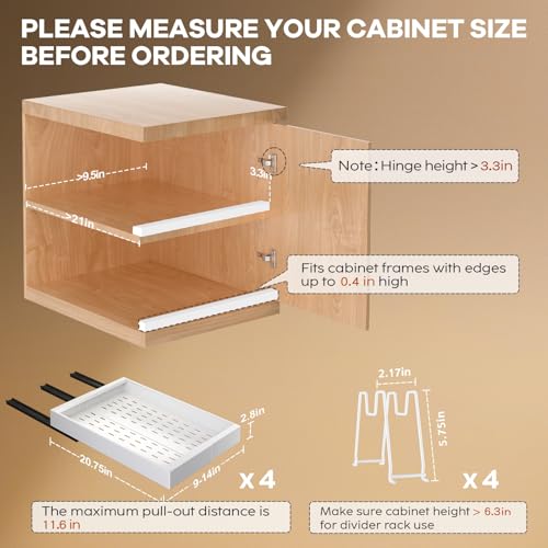Seinloes 4 Pack Pull out Cabinet Organizer 21" Deep With Raising Pad for Framed Cabinets, Expandable (9"-14" W) Slide out Drawers for Kitchen Cabinets with 4pcs Divider Racks, Roll out Shelves, White - color: White, size: 9"-14"W x 21"D(4Pack)