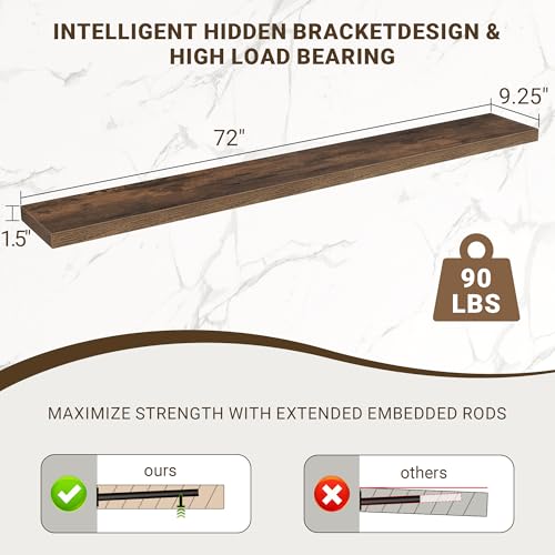 Acovy 72 Inch Floating Shelves, 3D Textured Wood Grain, 72"x9.25"x1.5" Inch Deep Floating Shelves for Wall, Wooden Shelves for Bathroom, Bedroom, Living Room, Brown, 1 Piece - color: Brown, size: 72"x9.25"-1pc