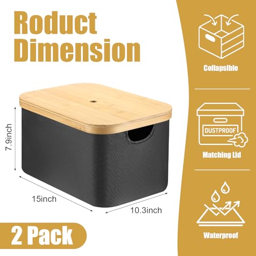 Novabright 2 Pcs Collapsible Storage Basket with Bamboo Lids 15" x 10" Foldable Fabric Storage Bins with Handles for Organizing Shelves Closet Laundry Room Bathroom Clothes Towel(Black) - color: Black