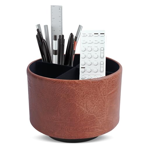 Hennaja Round Leather Art Supply Organizer,Remote Control Holder,360 Degree Spinning,Multi-Functional Pencil Holder,4 Compartments Desktop Stationary Organizer(1-Crazy Red) - color: 1-Crazy Red