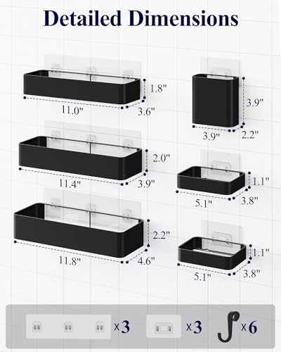 Kitsure Shower Caddy Adhesive - 6-Pack, No-Drilling Shower Shelves with Soap Holder, Toothbrush Holde, 6 Hooks, Rustproof & Stylish Bathroom Organizers and Storage Solution, Black, Large - color: Black