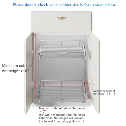 DINDON 2 Tier Pull Out Cabinet Organizer (17" W X 21" D), Double Tier Wire Basket Slide Out Shelf Storage for Kitchen Base Cabinet, Chrome Finish - size: 17'' W X 21'' D