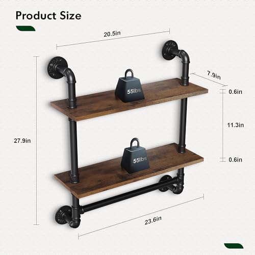 Merapi 24" Industrial Floating Shelves with Tower Bar, Pipe Shelves for Wall, 2 Tier Rustic Wood Wall Shelves for Home Décor, Bedroom, Living Room, Bathroom… - style: 2 Tier with Tower Bar