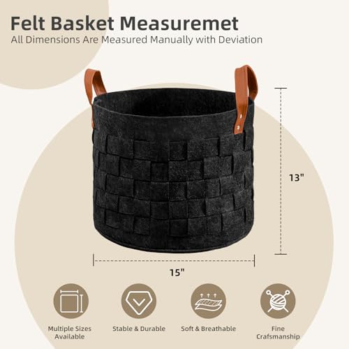 BOLDMONKEY Laundry Basket 15" x15 " x13 " 2 Pack, Round Blanket Basket with Leather Handle, Felt Storage Basket for Living Room, Nursery, Dog Toys-Dark Gray - color: Dark Gray