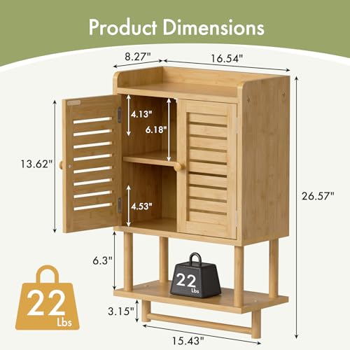 AmazerBath Bathroom Wall Cabinet, Bamboo Over The Toilet Storage Cabinet, Hanging Medicine Cabinets with Towel Bar, Wall Mounted Storage Shelf with Adjustable Shelves for Small Spaces - color: Natural With Striped Door, size: 16.5" W x 26.6" H