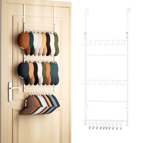 HapiRm Over Door Hat Rack - 3 Tier Wall Mounted Hat Organizer with 16 Hooks and 10 Movable Clips, Baseball Cap Organizer Storage Holds up to 26 Caps for Door, Bedroom, Closet USPTO Patent Pending - color: White, size: 3 Tier