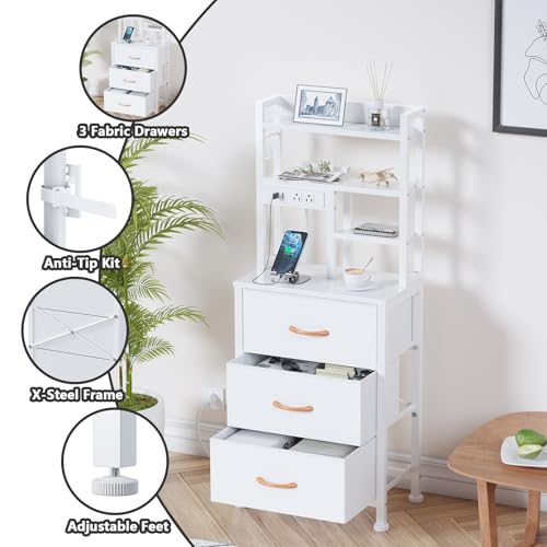 Furnulem Tall Nightstand with LED Lights and 3 Tier Shelves, Night Stand with 3 Fabric Drawers, 45.3inch Tall Bedside Tables with USB Ports and Outlets in Bedroom, Dorm, Office (White) - color: White, size: 3 Drawer