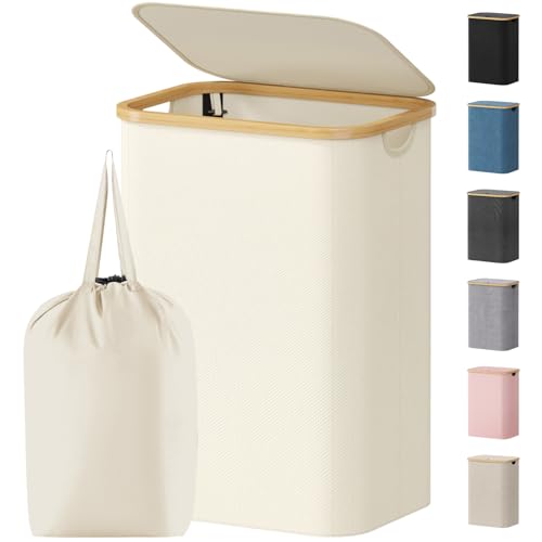 Lifewit 80L Laundry Basket with Lid, Clothes Hampers for Laundry with Bamboo Handles and 1 Removable Bag, Large Foldable Laundry Hamper for Bedroom, Bathroom, Dorm, Laundry Room, White - color: White, size: 80L