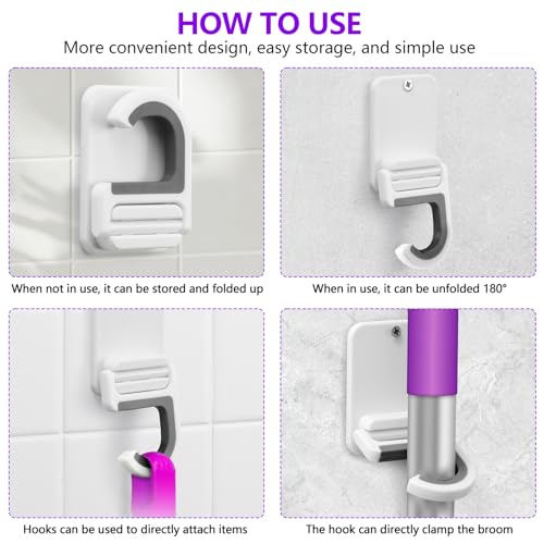 Broom and Mop Holder Wall Mount, Heavy Duty Screw Drilling Gripper Rack Supports up to 10 lb for Kitchen, Laundry Room, Garage, and Garden Storag (8, White)
