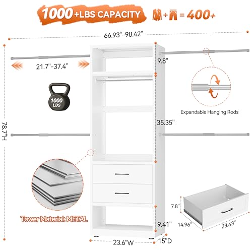 Metal Closet System, 4FT-8FT Closet Organizer System with 4 Expandable Hanging Rods and Metal Tower,79"H Walk in Closet System with 2 Drawers and Shelving,Built in Closet,Wall Mount,White