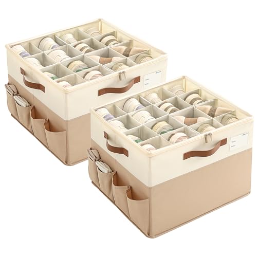 Varhomax Shoe Organizer Box 2 Pack for Closet, Fabric Shoe Storage Bin with Adjustable Dividers & Clear Cover, Holds up 16-32 Pairs of Sneakers & Sandals for Entryway, Cubby - color: Brown-Large-2 Pack