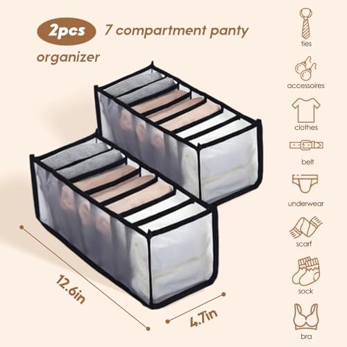 2-Pack Underwear Storage Organizer, 7-Compartment Foldable Drawer Divider for Home, Closet, and Travel Use, Mesh Fabric Organizer Box for Clothing - color: 2 Black