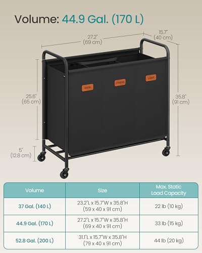 SONGMICS 3-Section Laundry Sorter, Laundry Hamper with Wheels, Rolling Clothes Hamper Cart with Large Capacity and Removable Bags, for Laundry Room, Bedroom, Bathroom, Ink Black URLS330B01 - color: Ink Black, size: 170 L