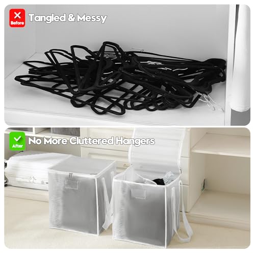 Beveetio 2-Pack Large Clothes Hanger Organizer Bag with Lid & Handles, Dustproof Hanger Storage with 2 Compartments, Space Saving for Closet & Laundry Room