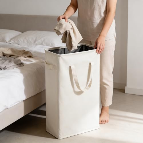 ZERO JET LAG Slim Laundry Hamper With Handles Collapsible Laundry Basket Thin Dirty Clothes Basket Narrow Laundry Bag Foldable Dirty Clothes Hamper 45L (23 inches,Beige) - color: Beige