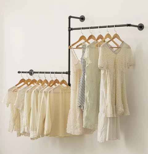 Industrial Pipe Clothing Rack Wall Garment Rack with Pipe Clothes Rails, Multi-Purpose Heavy Duty Clothing Hanging Rods Space-Saving Clothes Bar Organizer Closet (wall clothing rack-2 hanging rods) - style: wall clothing rack-2 hanging rods