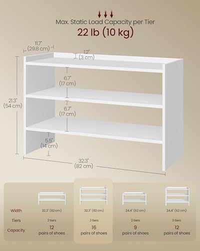 VASAGLE Shoe Rack for Closet, Stackable Shoe Organizer Shelf for Entryway, 3 Tiers, 11.7 x 32.3 x 21.3 Inches, White ULBS061WZ01S - size: 3 Tiers (32.3"W)