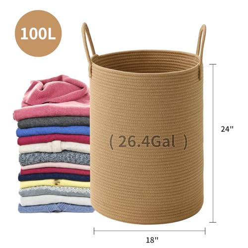 Laundry Basket Hamper Tall Rope Storage Woven for Blanket toys Dirty Clothes in Living Room Bathroom Bedroom (Jute Brown, 100L/26.4Gal) - color: Jute Brown, size: 100L/26.4Gal