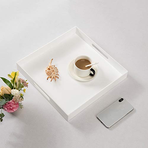 KEVLANG Glossy White Sturdy Acrylic Serving Tray with Handles-14x14Inch-Serving Coffee,Appetizer,Breakfast,Butler-Kitchen Countertop Tray-Makeup Drawer Organizer-Vanity Table-Ottoman Tray - color: Glossy White, size: 14" x 14" x 2"