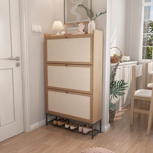 Shoe Cabinet Storage for Entryway, Narrow Shoe Cbinet with 3 Filp Drawers, Wood Freestanding Shoe Organizer Cabinet with Metal Legs, Hidden Storage Behind Door for Hallway, Living Room (Natura) - color: Linen-natural, size: 3 Drawer-Divider