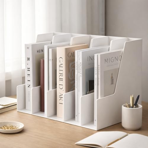 CiWiVOKi Vertical Magazine File Holder, Desk Organizer and Storage for Magazines, Binders, Notebooks, Envelopes, Multi-Purpose Desktop File Organizer for Home, Office & Classroom, 4 Pack, White - color: White