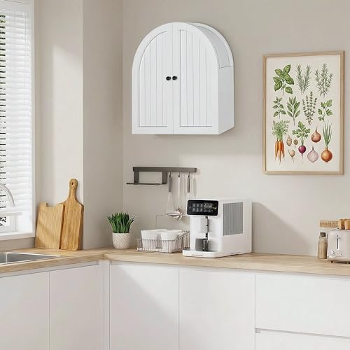 DreamDashio Arched Bathroom Cabinet Wall Mounted with Doors, Adjustable Shelves, Medicine Cabinet Over The Toilet, Wall Cabinet, Storage Cabinet for Bathroom, Laundry Room, Kitchen, White - size: 27.6"H x 23.6"W x 5.9"D