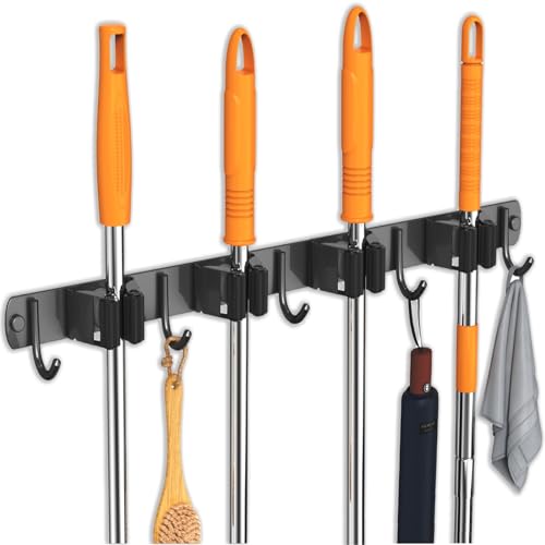 CUXIXA Mop and Broom Holder Wall Mount, Upgraded Broom Organizer Wall Mount, Stainless Steel Broom Hanger Wall Mount for Kitchen Garden Laundry Room Decor(4 Racks with 5 Hooks Black) - color: Black, size: 4 Racks with 5 Hooks