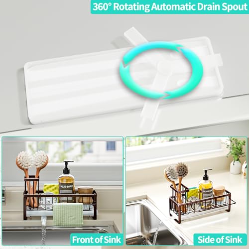 HapiRm Sponge Holder for Kitchen Sink - Self-draining Sink Caddy with Brush and Dishcloth Holders, Stainless Steel Kitchen Organizer for Countertop - Bronze - color: Bronze, size: with Dishcloth Holder