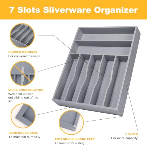 Kitchen Bamboo Silverware Organizer, Kitchen Drawer Organizer - Utensil Holder and Cutlery Tray with Grooved Drawer Dividers for Flatware 7 Slot, Grey - color: Grey, size: 7 Slots